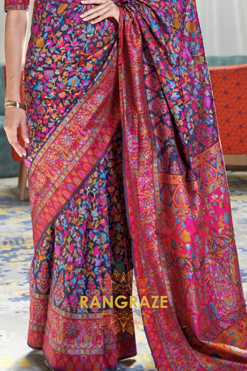 Navy Blue Multi Color Kashmiri Jamewar Weave Saree