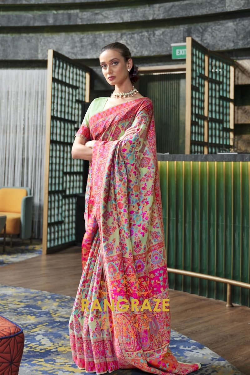 Royal Pastel Green Multi Color Kashmiri Jamewar Weave Saree