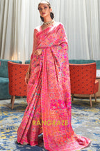 Peach Pink Multi Color Kashmiri Jamewar Weave Saree