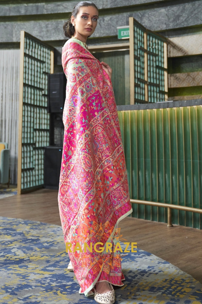 Royal Pastel Green Multi Color Kashmiri Jamewar Weave Saree