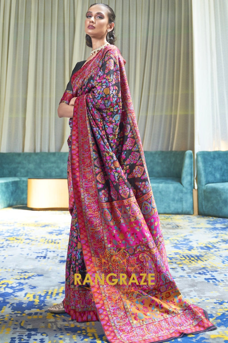 Black Multi Color Kashmiri Jamewar Weave Saree