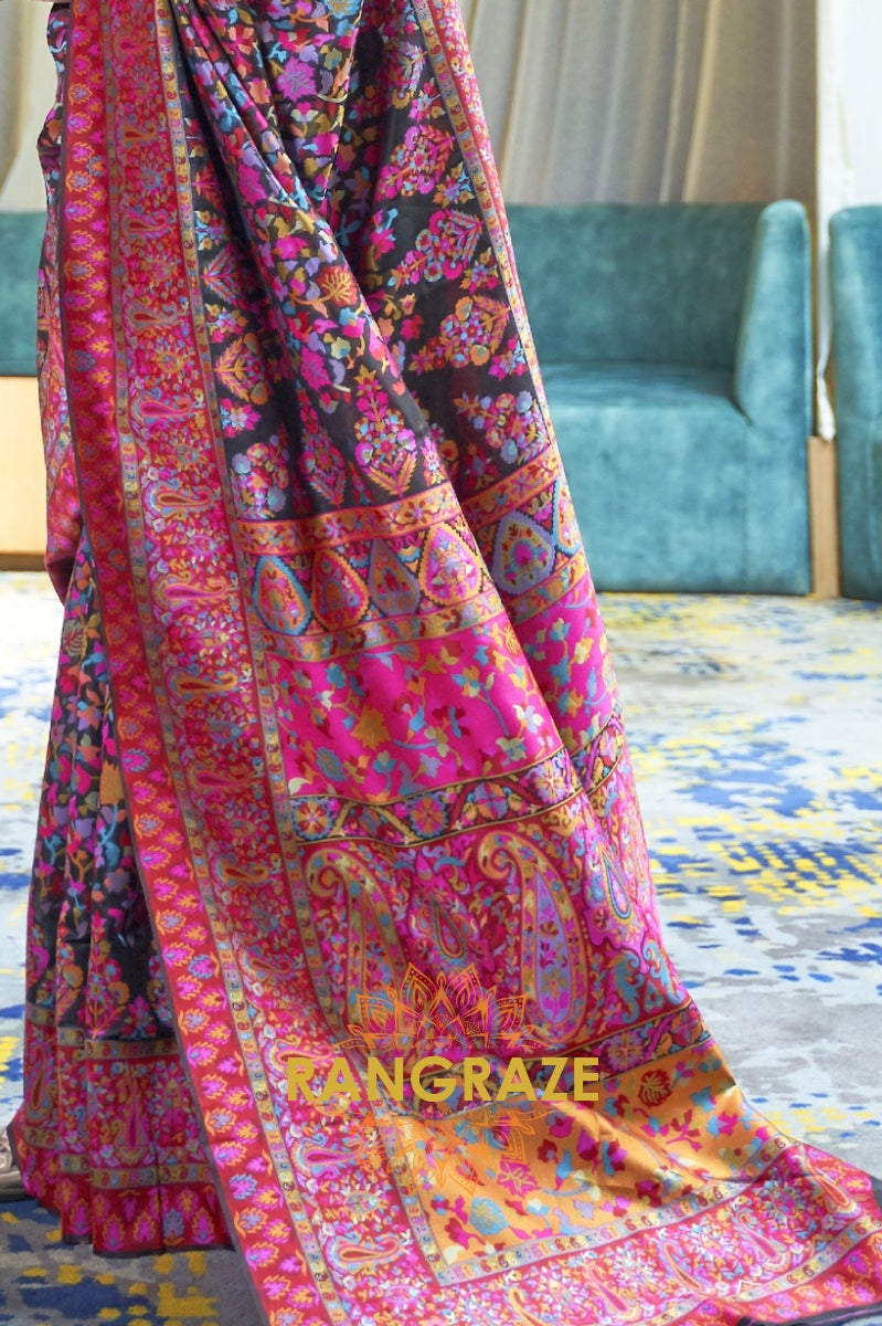 Black Multi Color Kashmiri Jamewar Weave Saree