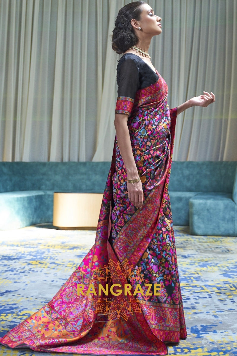 Black Multi Color Kashmiri Jamewar Weave Saree