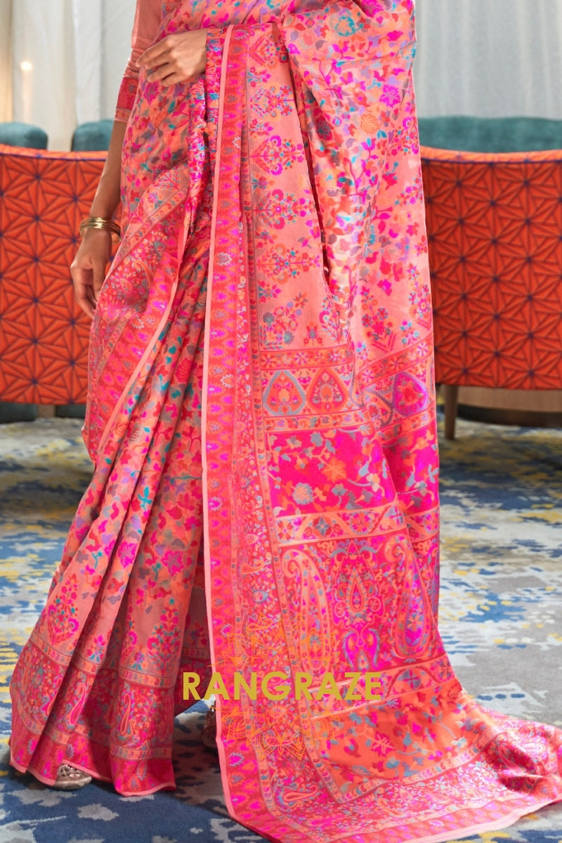 Peach Pink Multi Color Kashmiri Jamewar Weave Saree