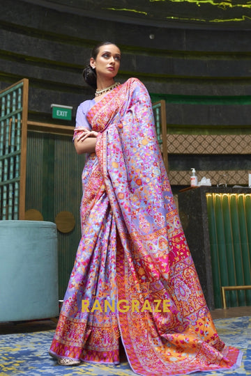 Royal Lilac Pink Multi Color Kashmiri Jamewar Weave Saree