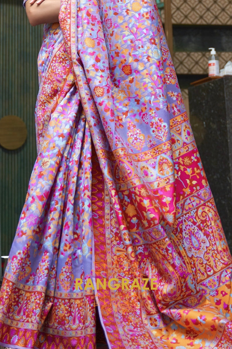 Royal Lilac Pink Multi Color Kashmiri Jamewar Weave Saree