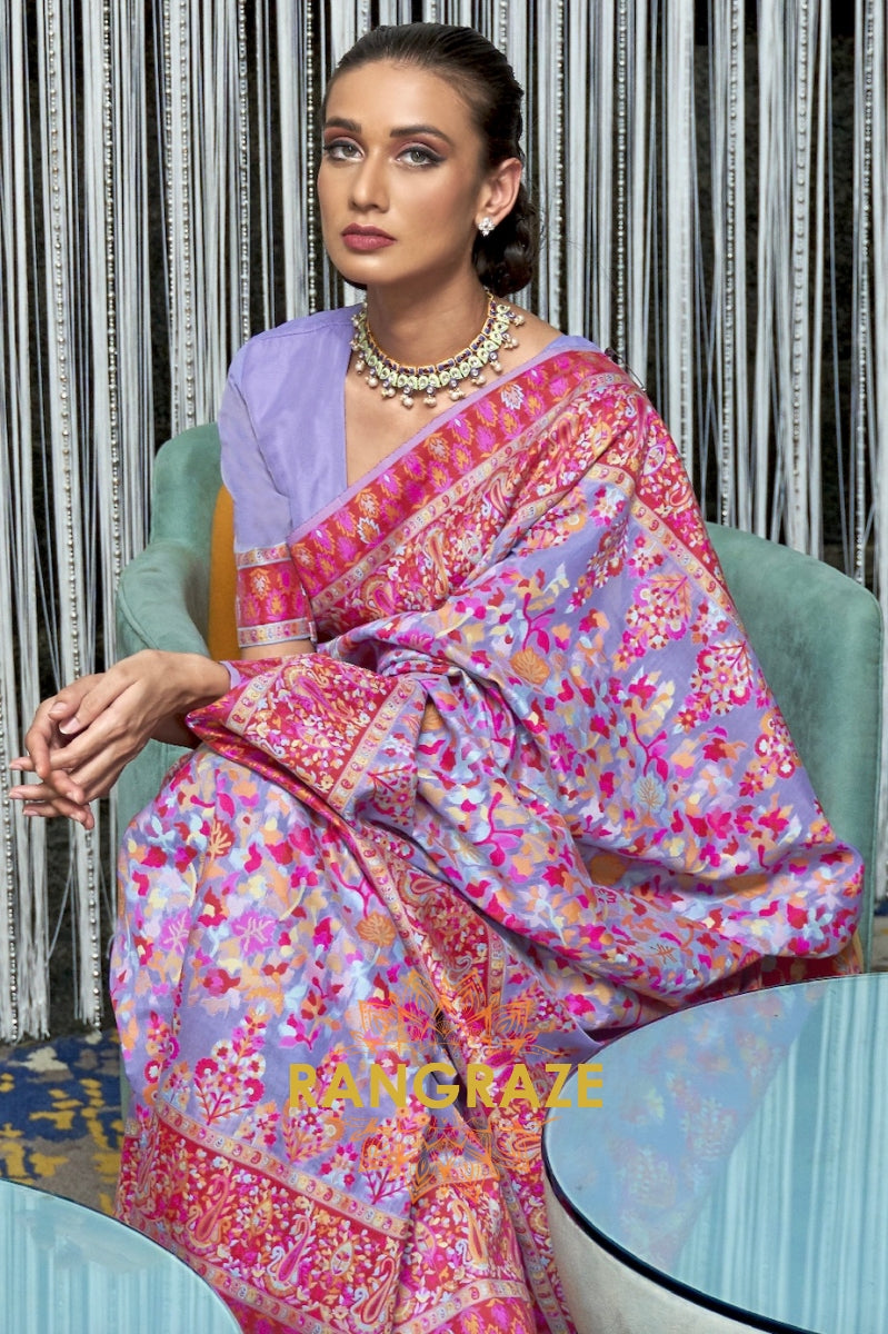 Royal Lilac Pink Multi Color Kashmiri Jamewar Weave Saree