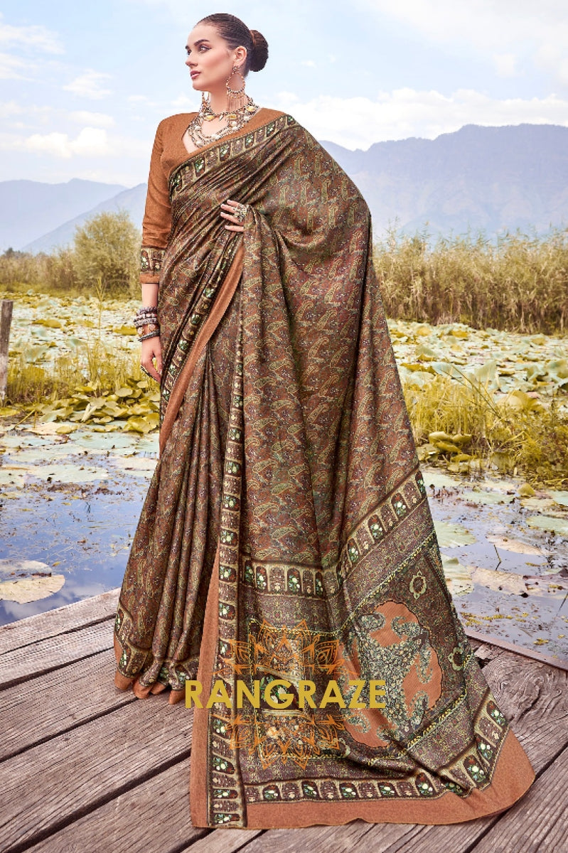 Brown Pashmina Jamewar Silk Printed Saree