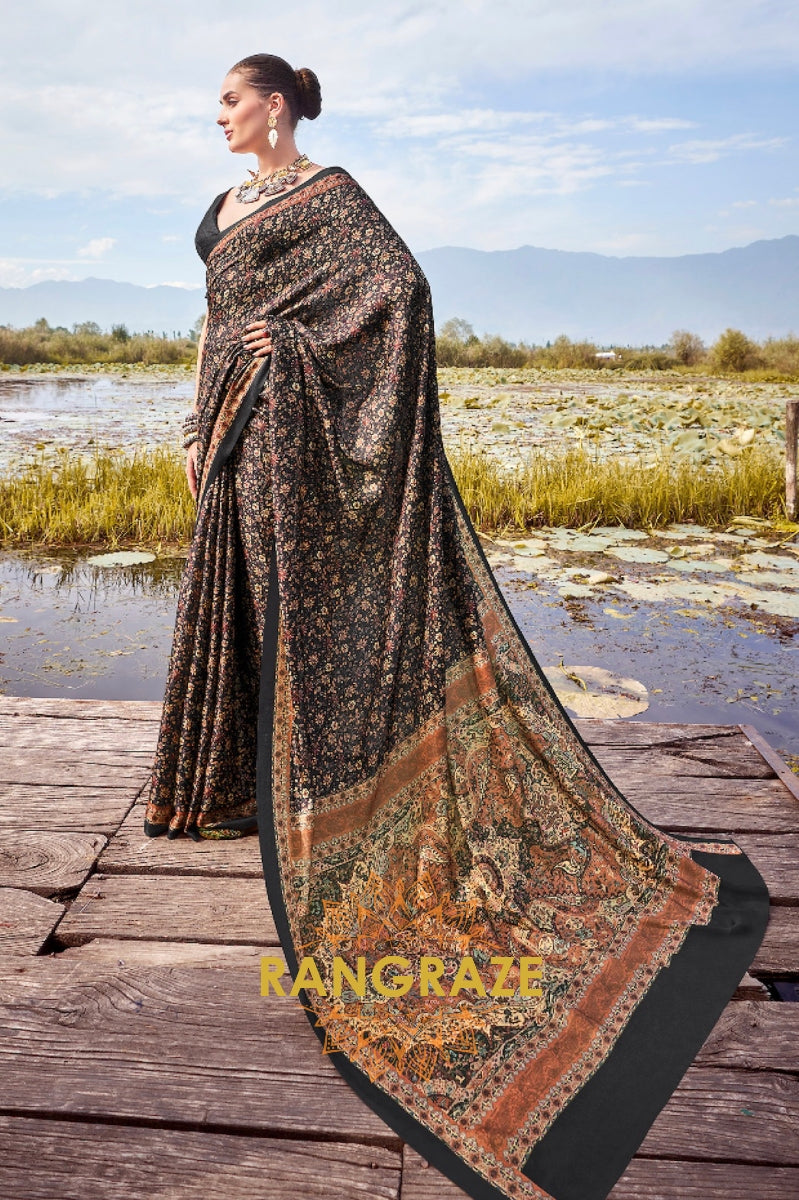 Twilight Black Pashmina Jamewar Silk Printed Saree