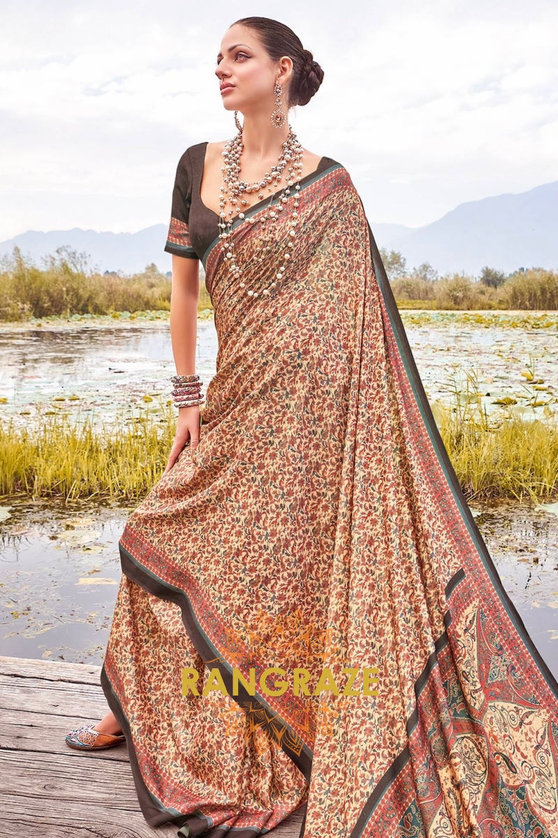 Orange Pashmina Jamewar Silk Printed Saree