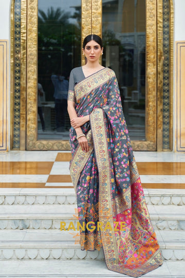 Steel Grey Multi Color Woven Kashmiri Pashmina Saree