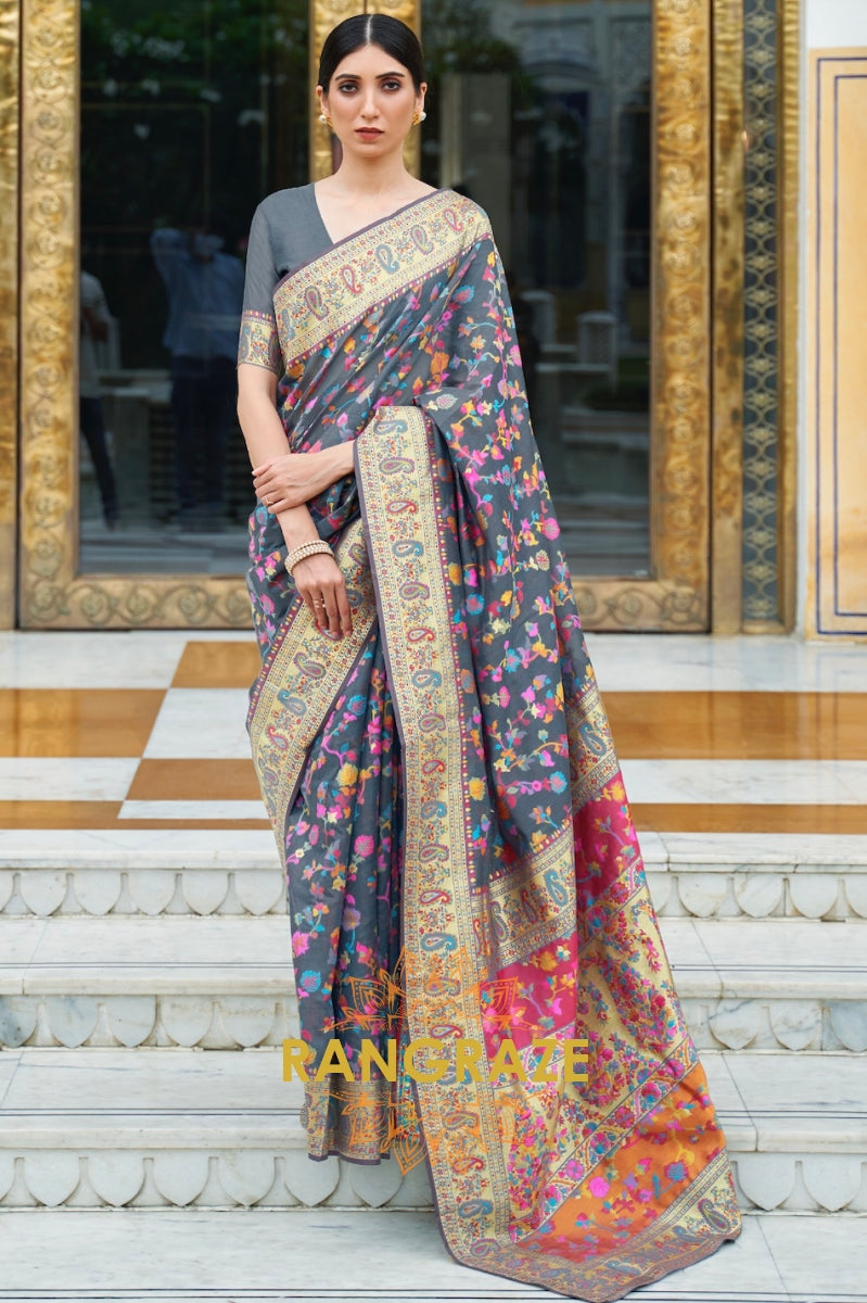 Steel Grey Multi Color Woven Kashmiri Pashmina Saree