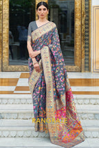 Steel Grey Multi Color Woven Kashmiri Pashmina Saree
