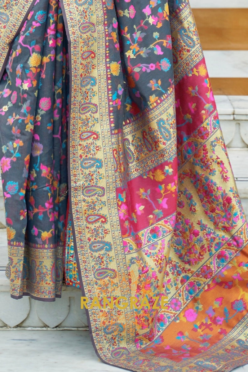 Steel Grey Multi Color Woven Kashmiri Pashmina Saree