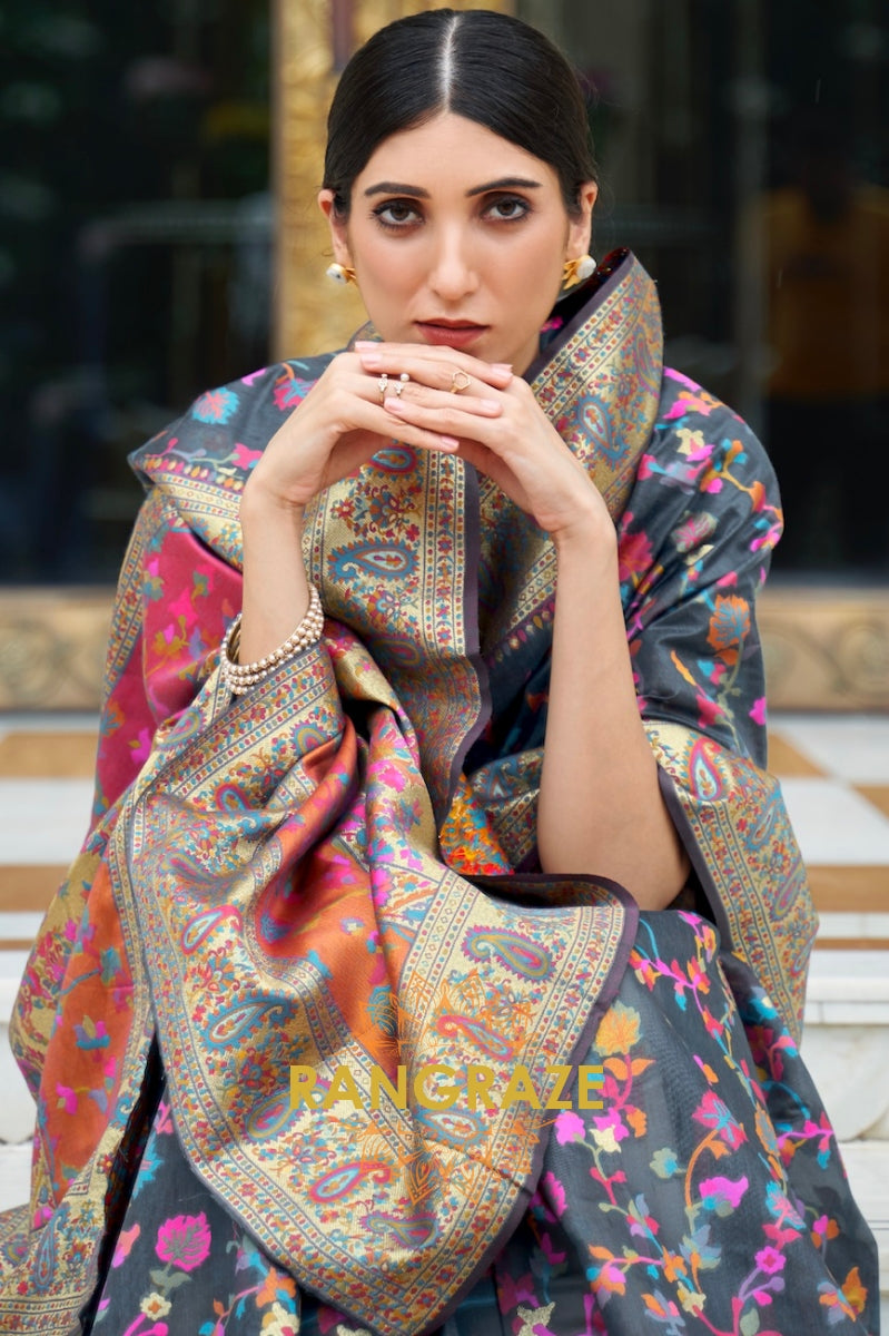 Steel Grey Multi Color Woven Kashmiri Pashmina Saree