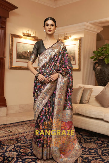 Raven Black Multi Color Woven Pashmina Jamewar Saree