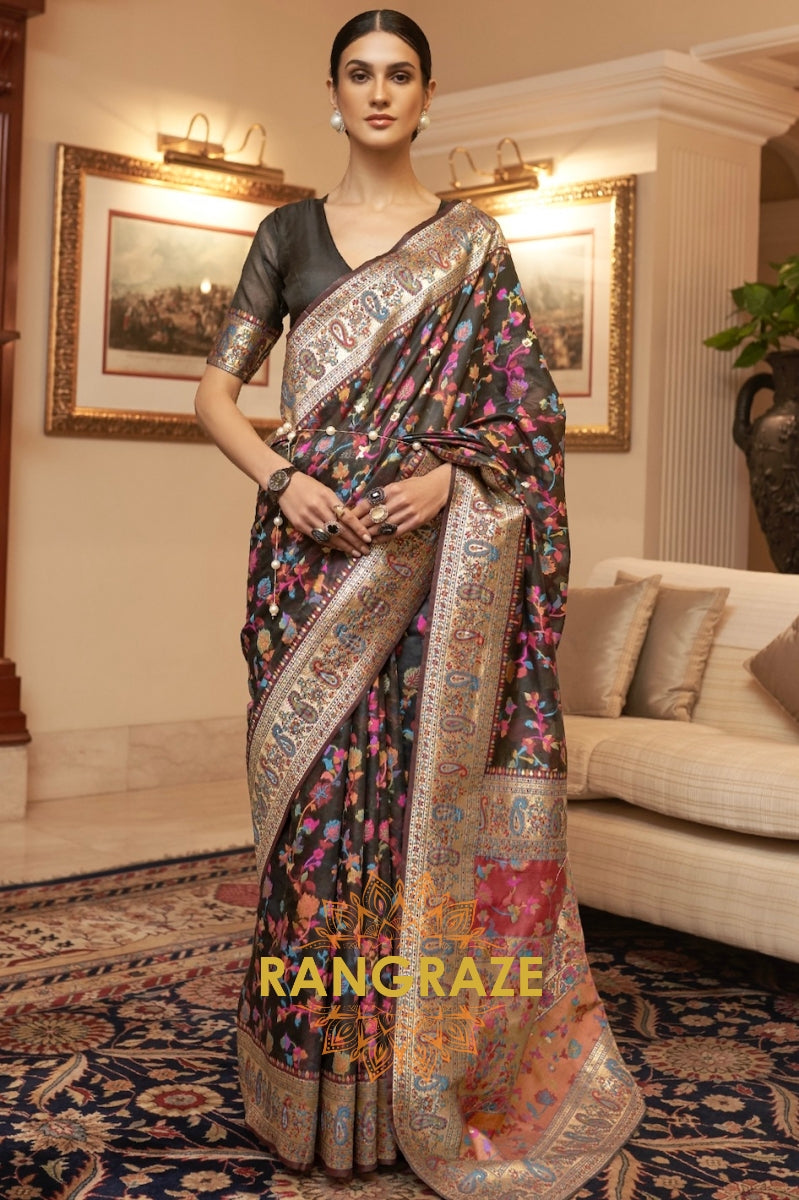 Raven Black Multi Color Woven Pashmina Jamewar Saree