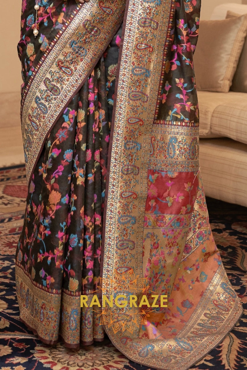 Raven Black Multi Color Woven Pashmina Jamewar Saree