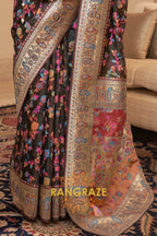 Raven Black Multi Color Woven Pashmina Jamewar Saree