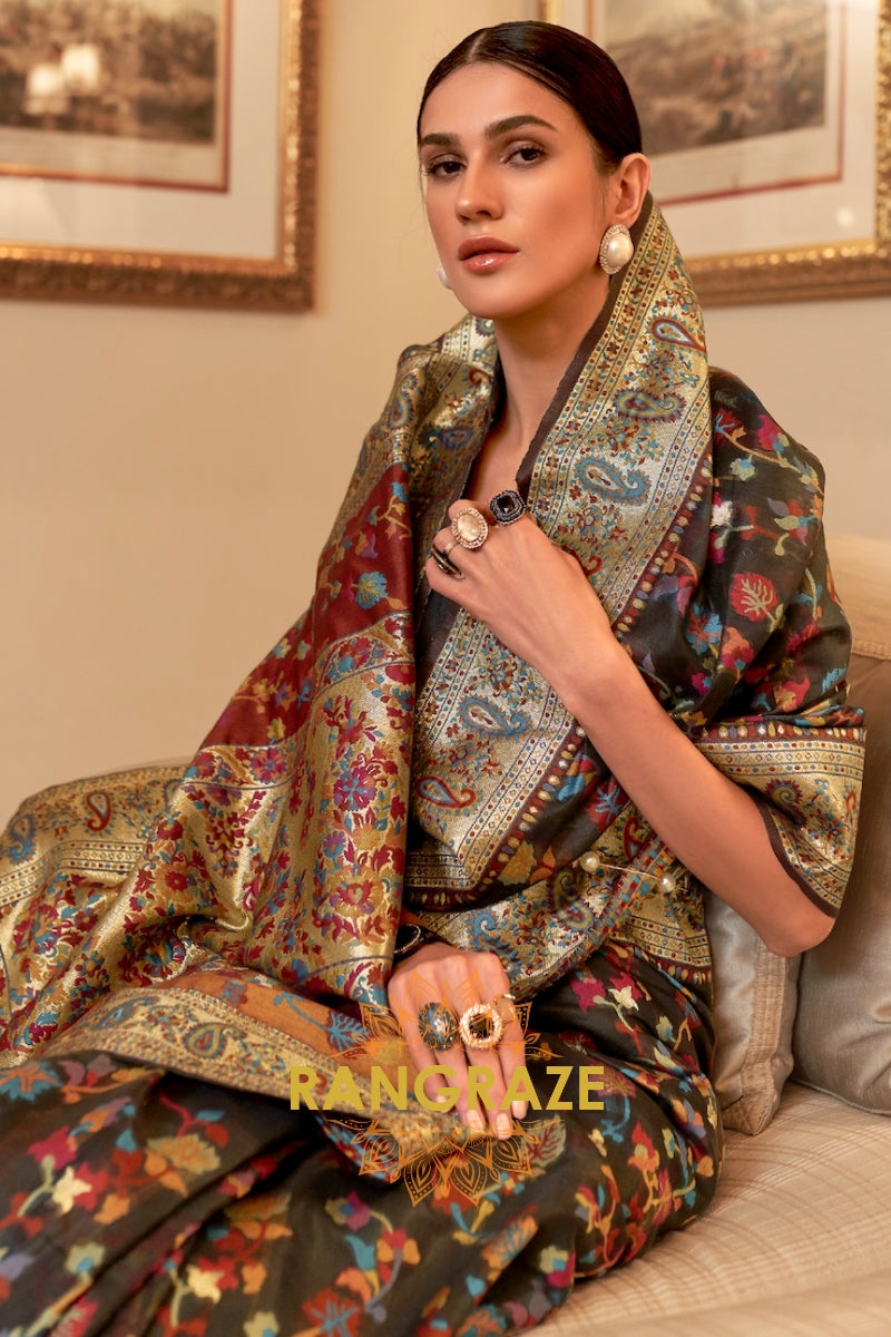 Raven Black Multi Color Woven Pashmina Jamewar Saree