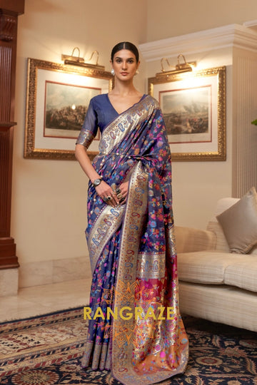 Rich Blue Multi Color Woven Pashmina Jamewar Saree