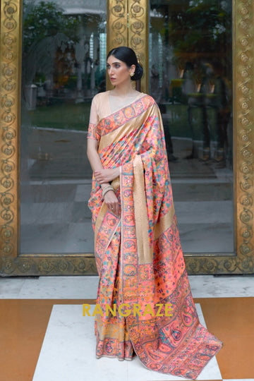 Peach Pink Woven Kashmiri Pashmina Saree