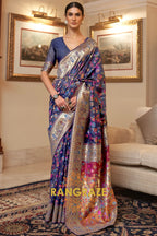 Rich Blue Multi Color Woven Pashmina Jamewar Saree