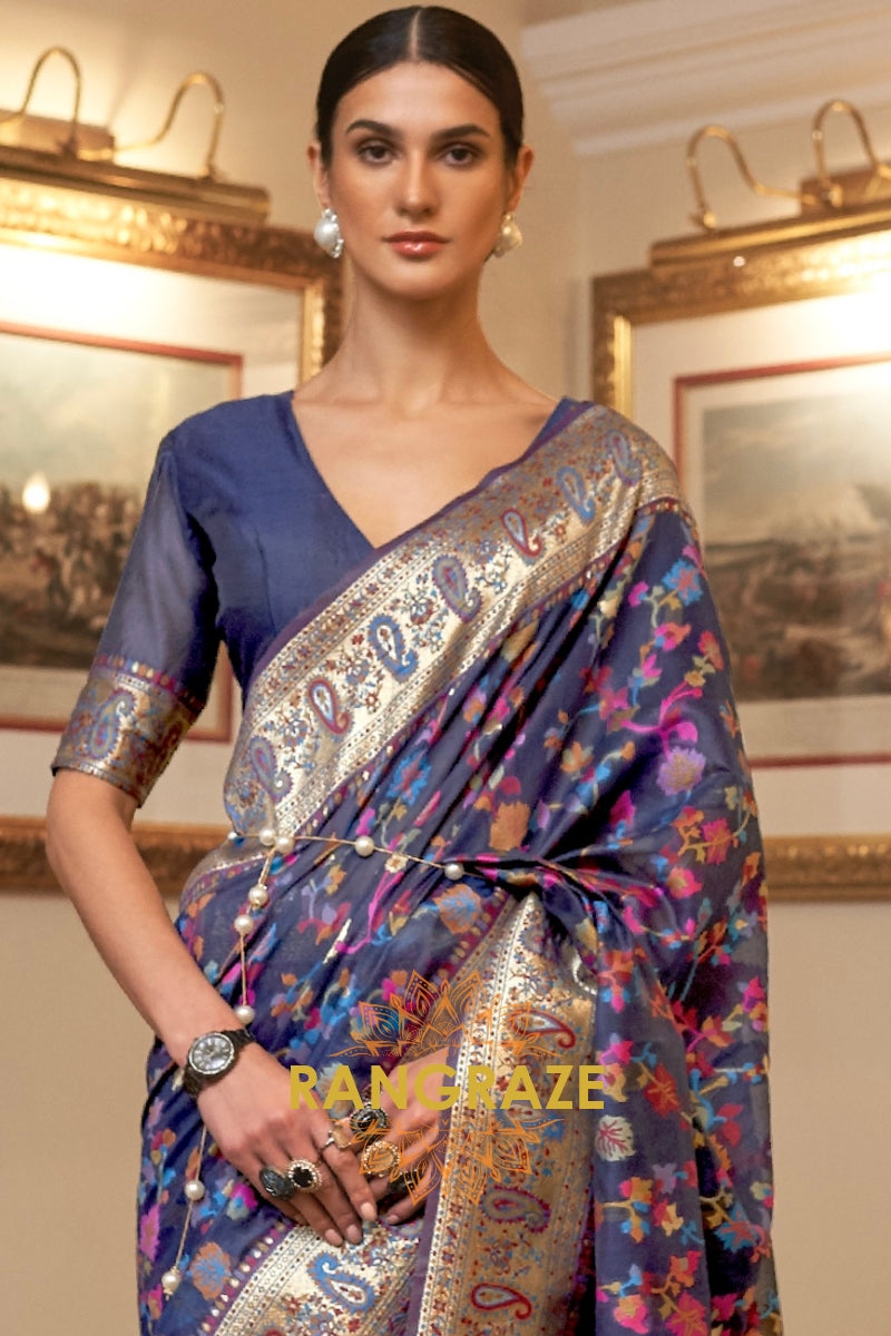 Rich Blue Multi Color Woven Pashmina Jamewar Saree