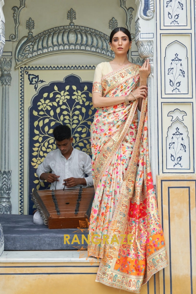 Ivory White Multi Color Woven Kashmiri Pashmina Saree