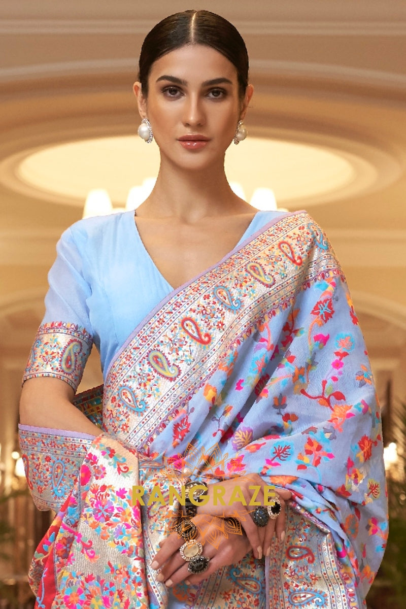 Light Blue Multi Color Woven Pashmina Jamewar Saree