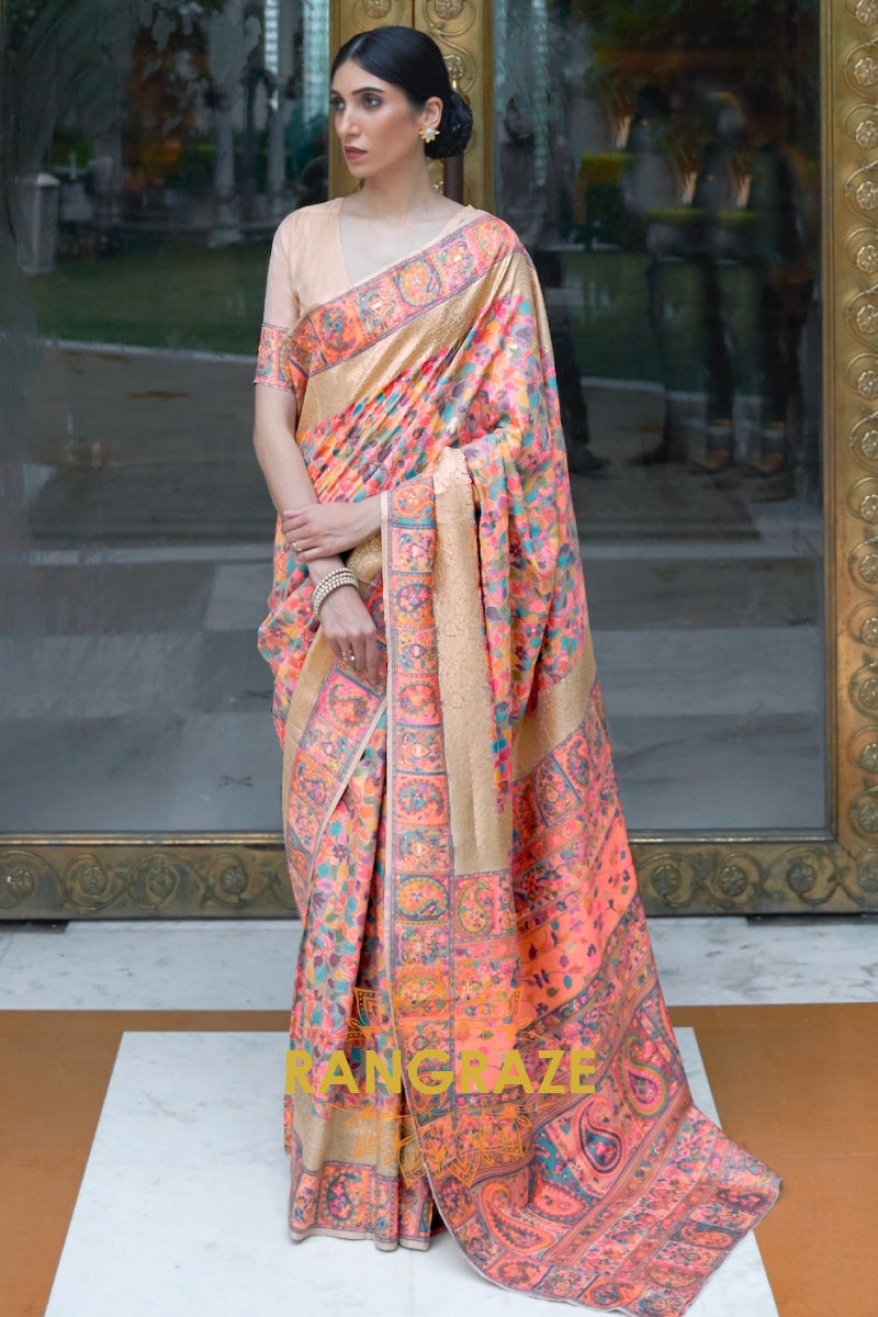 Peach Pink Woven Kashmiri Pashmina Saree