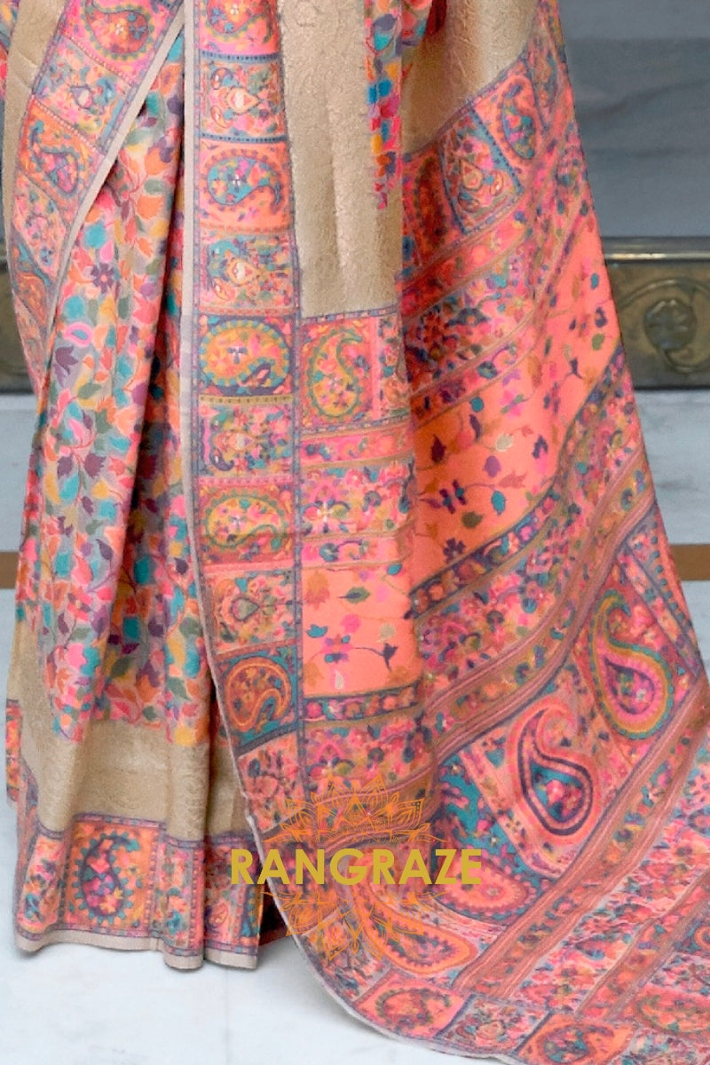 Peach Pink Woven Kashmiri Pashmina Saree