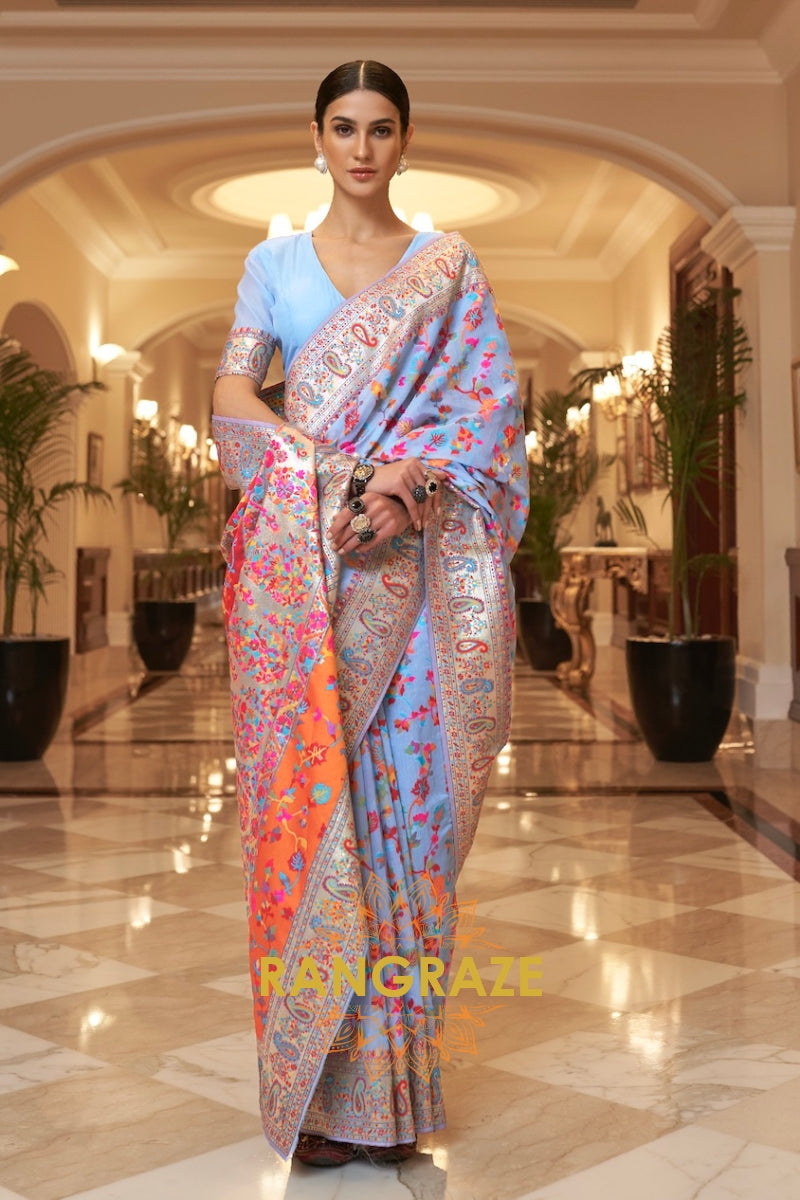 Light Blue Multi Color Woven Pashmina Jamewar Saree