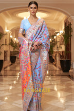 Light Blue Multi Color Woven Pashmina Jamewar Saree
