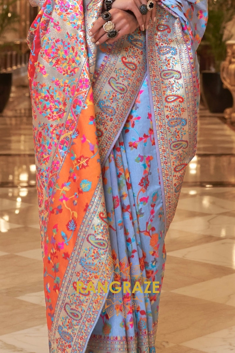 Light Blue Multi Color Woven Pashmina Jamewar Saree