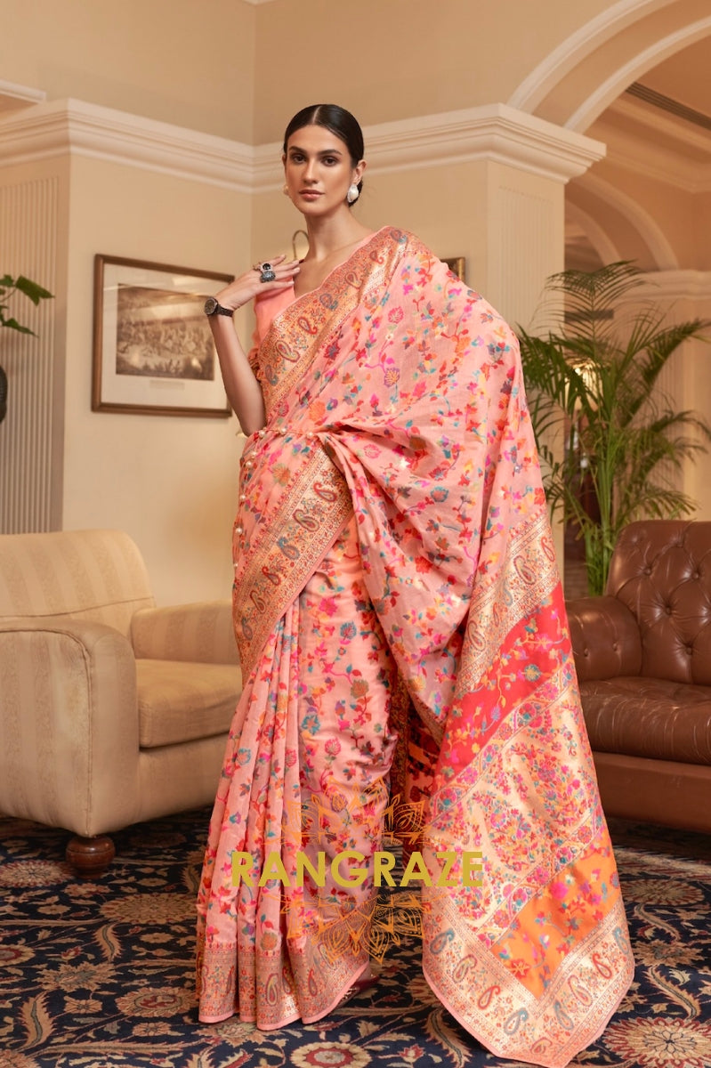 Peach Pink Multi Color Woven Pashmina Jamewar Saree