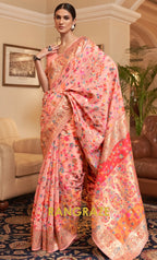 Peach Pink Multi Color Woven Pashmina Jamewar Saree