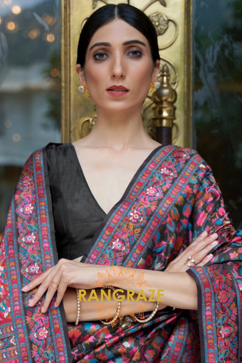 Ebony Black Woven Kashmiri Pashmina Saree