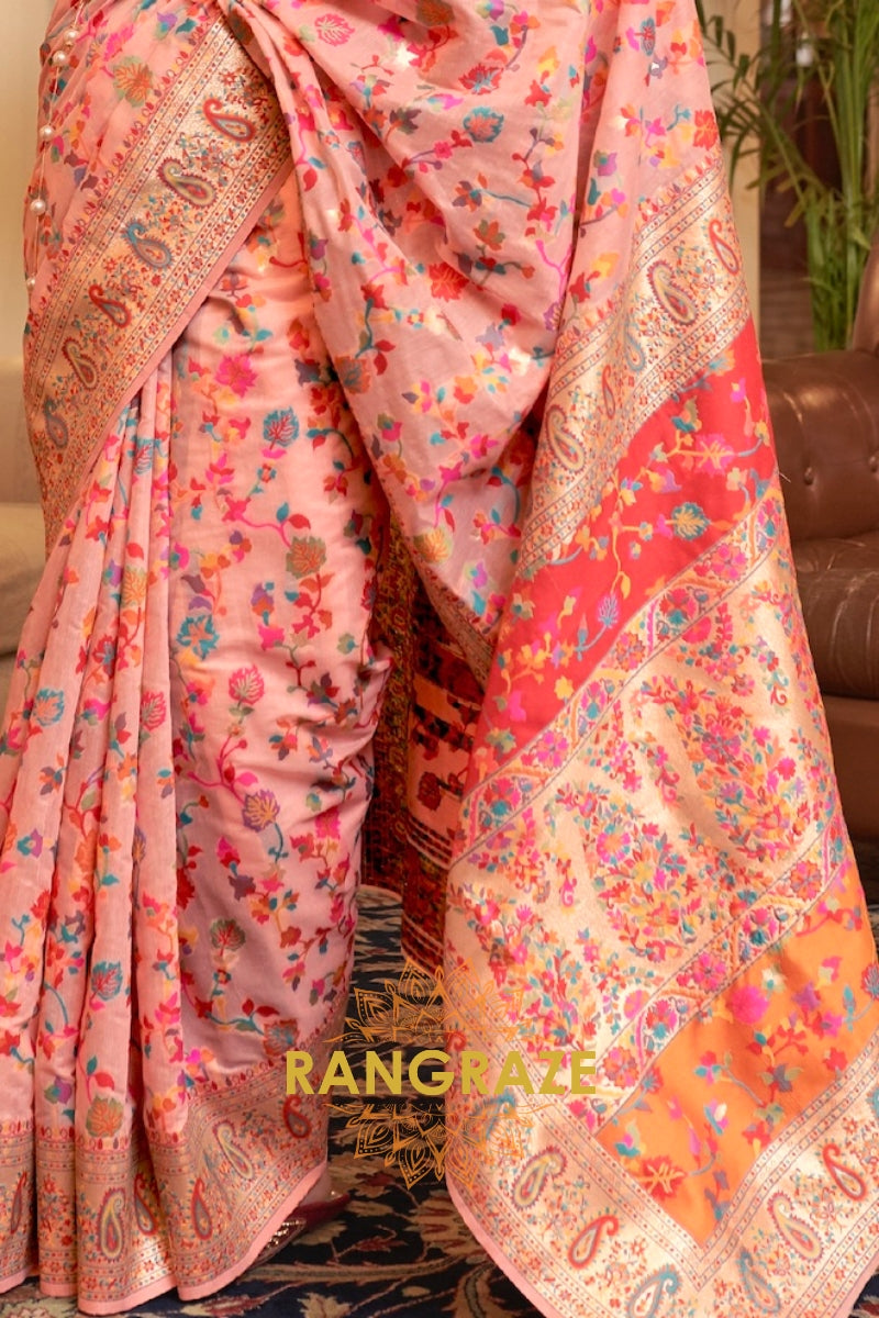 Peach Pink Multi Color Woven Pashmina Jamewar Saree