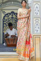 Ivory White Multi Color Woven Kashmiri Pashmina Saree