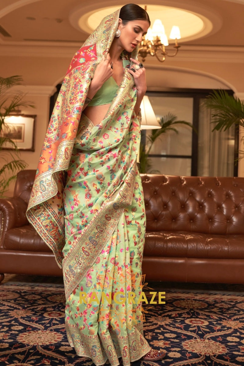 Pistachio Green Multi Color Woven Pashmina Jamewar Saree