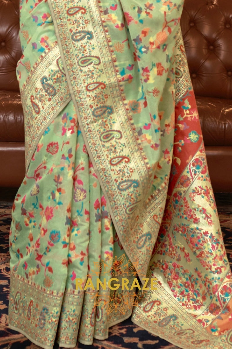 Pistachio Green Multi Color Woven Pashmina Jamewar Saree