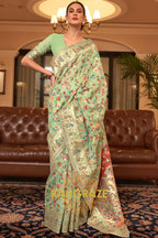 Pistachio Green Multi Color Woven Pashmina Jamewar Saree