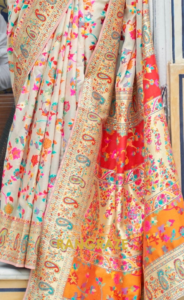 Ivory White Multi Color Woven Kashmiri Pashmina Saree