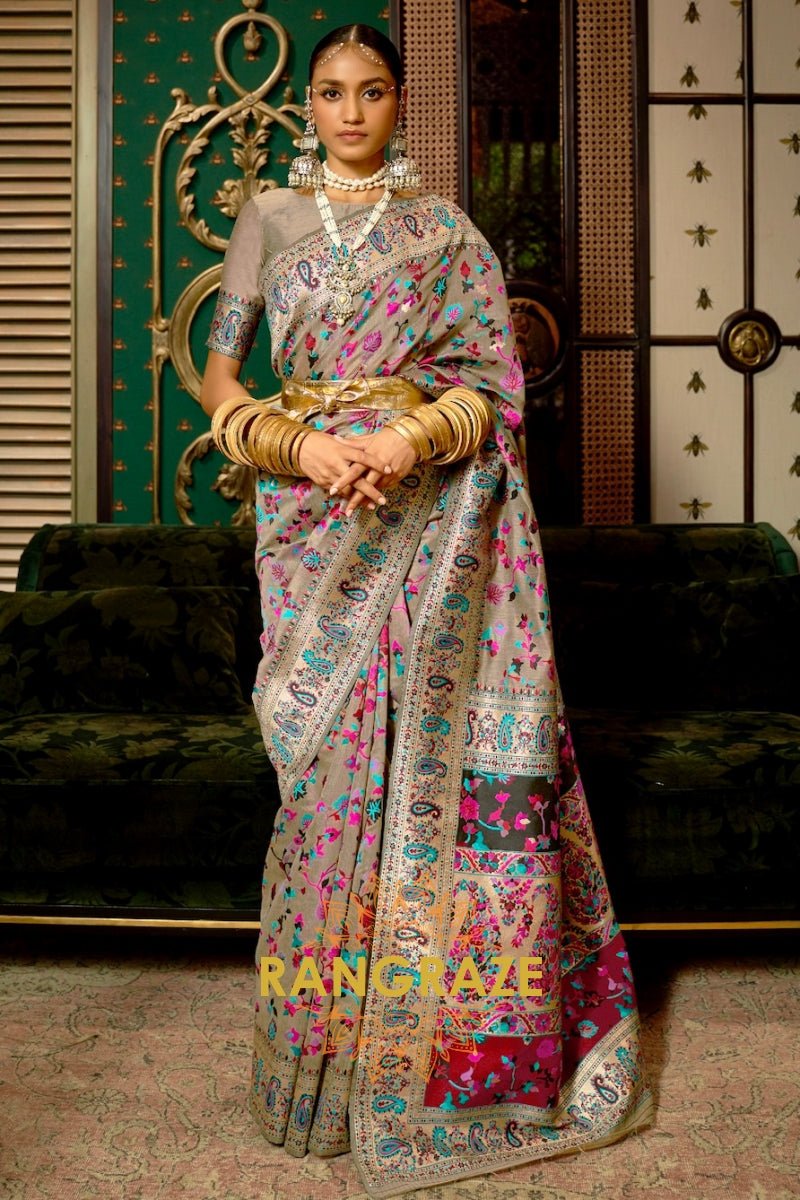 Grey Multi Color Woven Pashmina Jamewar Saree