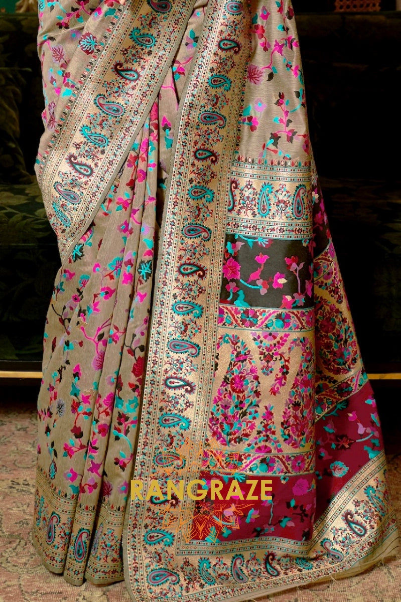Grey Multi Color Woven Pashmina Jamewar Saree