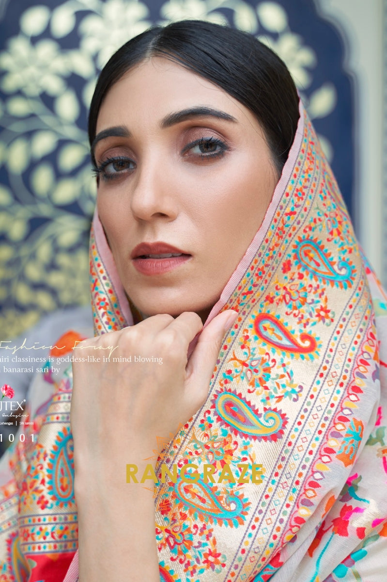 Ivory White Multi Color Woven Kashmiri Pashmina Saree