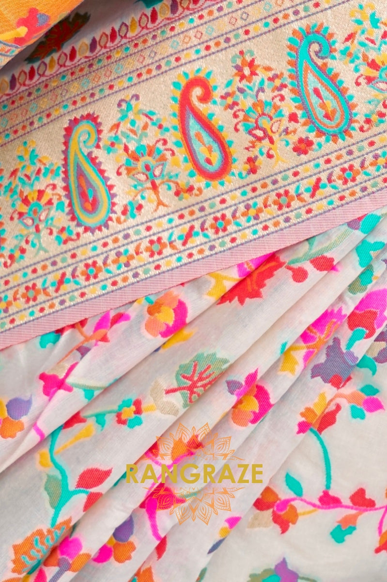 Ivory White Multi Color Woven Kashmiri Pashmina Saree