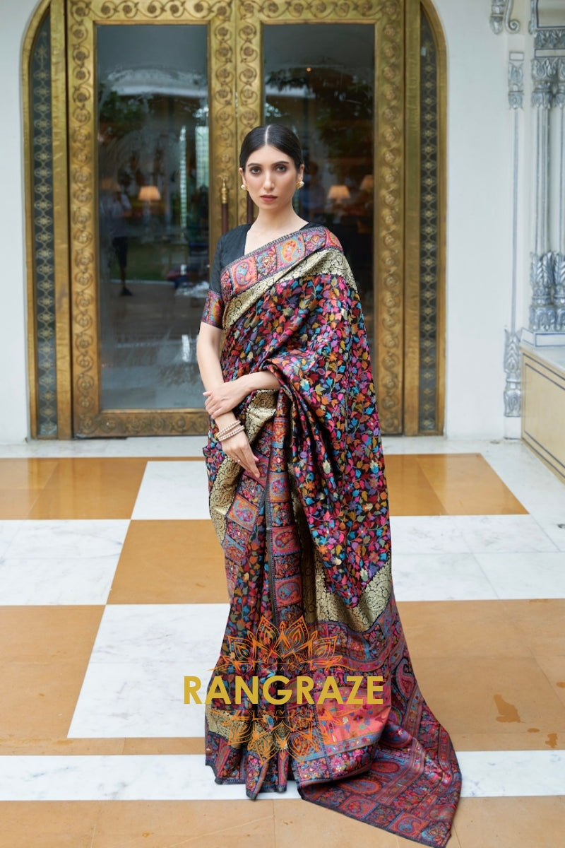 Onyx Black Woven Kashmiri Pashmina Saree