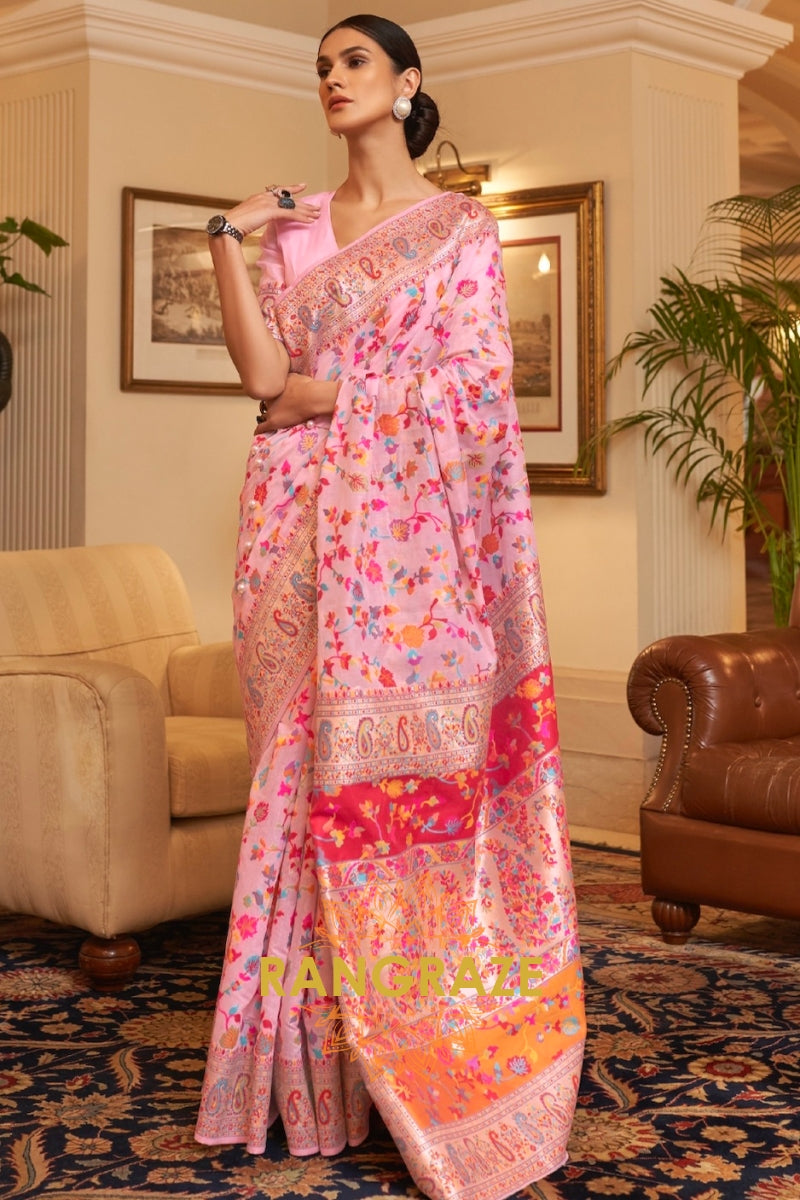 Baby Pink Multi Color Woven Pashmina Jamewar Saree
